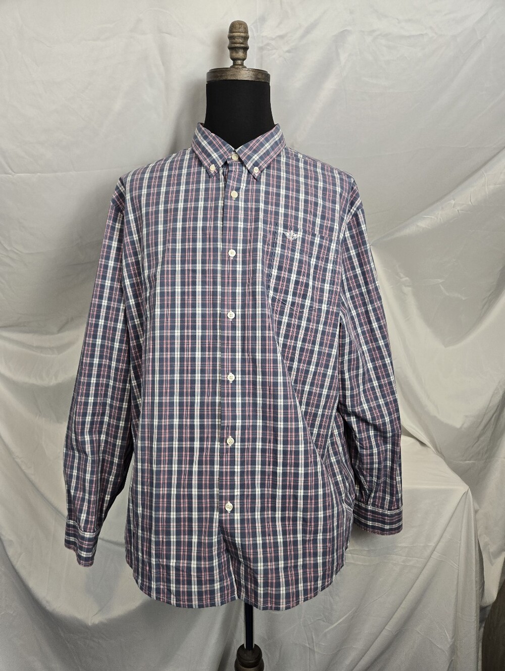 Dockers Classic Button-Down Plaid Shirt in Navy, Pink & White. TM